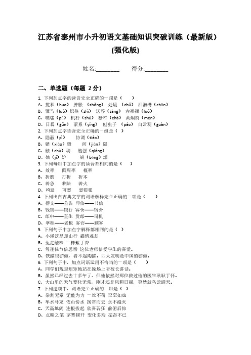 江苏省泰州市小升初语文基础知识突破训练(最新版)(强化版)