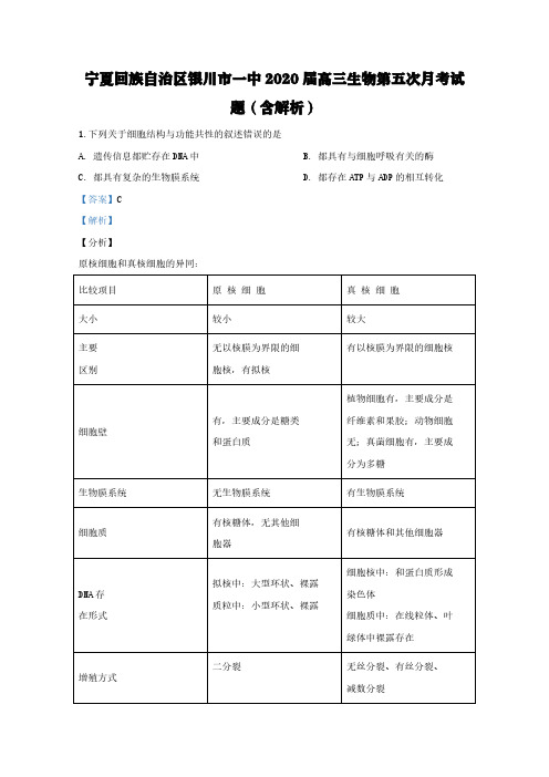 宁夏回族自治区银川市一中2020届高三生物第五次月考试题(含解析) (2)