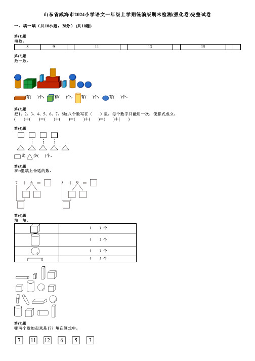 山东省威海市2024小学数学一年级上学期统编版期末检测(强化卷)完整试卷