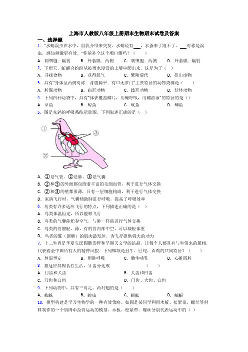 上海市人教版八年级上册期末生物期末试卷及答案