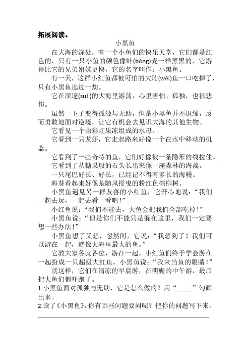 小学课外阅读《小黑鱼》练习题及答案解析