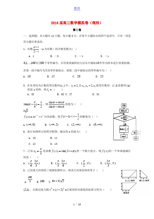 福建省泉港一中2016届高三数学考前模拟试卷 理