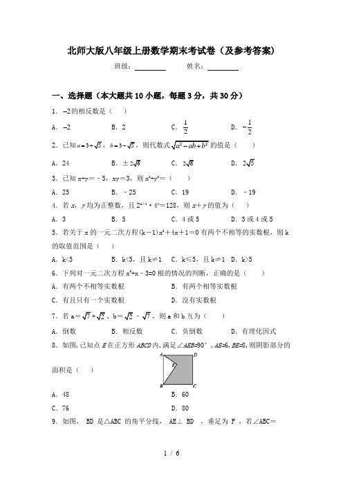 北师大版八年级上册数学期末考试卷(及参考答案)