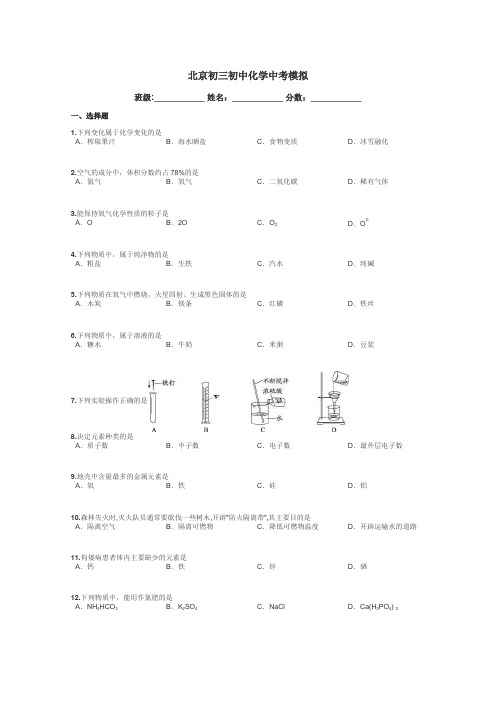 北京初三初中化学中考模拟带答案解析
