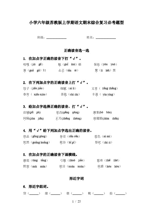 小学六年级苏教版上学期语文期末综合复习必考题型