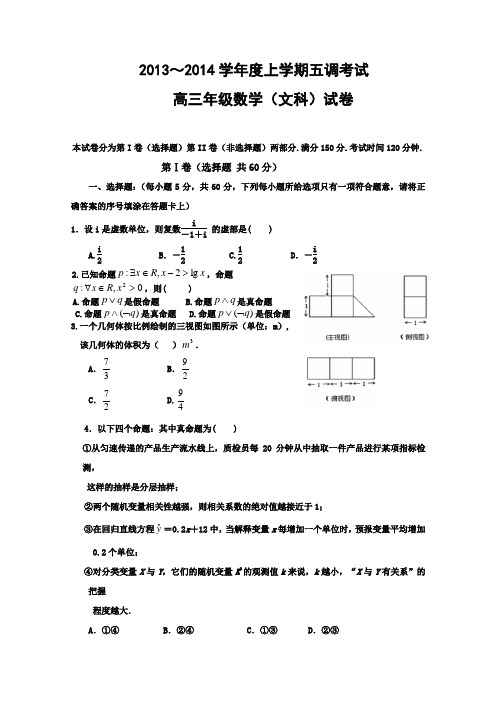 河北衡水中学2014届高三上学期第五次调研考试数学(文)试题