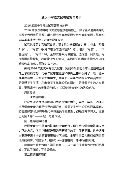 武汉中考语文试卷答案与分析