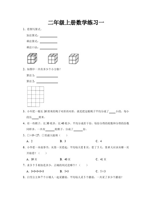 二年级上册数学重难点易错题练习一