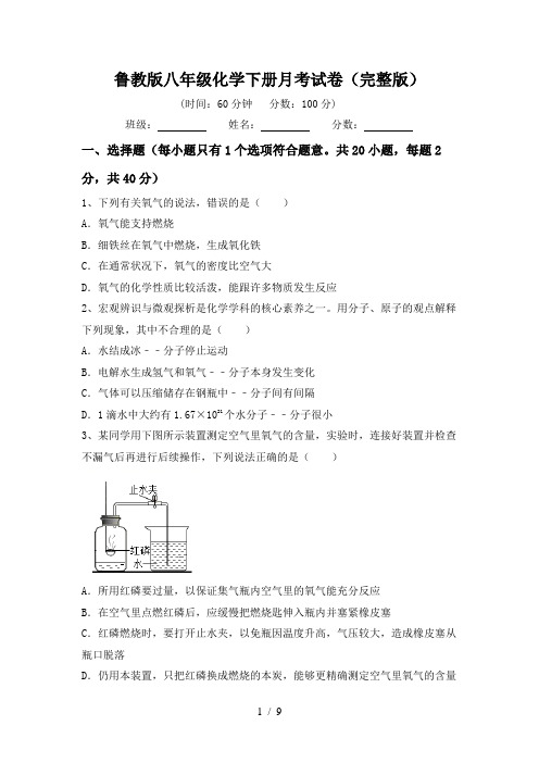 鲁教版八年级化学下册月考试卷(完整版)