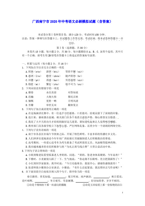 广西南宁市2020年中考语文必刷模拟试题(含答案)