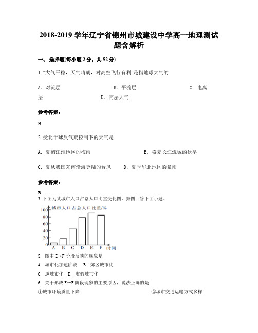 2018-2019学年辽宁省锦州市城建设中学高一地理测试题含解析