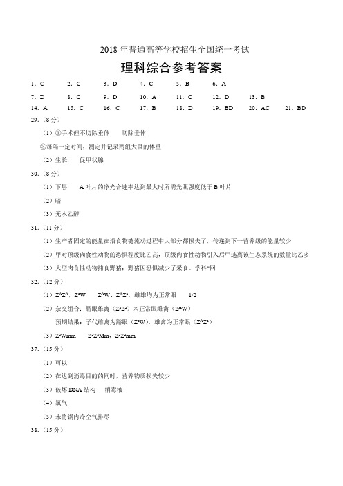 2018高考全国二卷理综答案