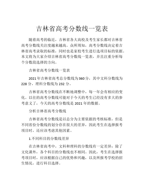 吉林省高考分数线一览表