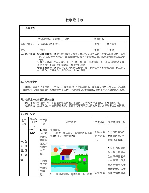 小学数学二年级上册《二 平行四边形的初步认识：1、四边形、五边形和六边形的初步认识》优课教学设计_1