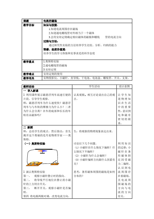 初中物理_电流的磁场教学设计学情分析教材分析课后反思