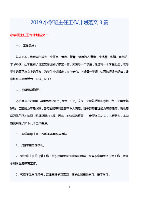 2019小学班主任工作计划范文3篇