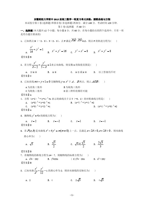 安徽财经大学附中2013届高三数学一轮复习单元训练：圆锥曲线与方程含答案