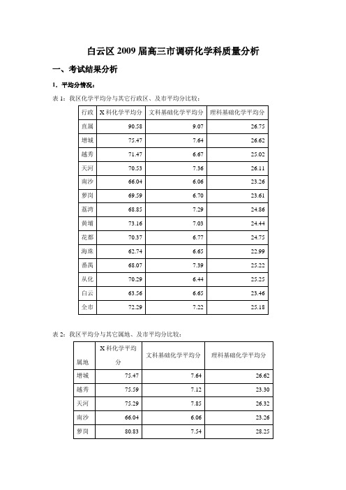 2009白云区2009届高三市调研化学科质量分析