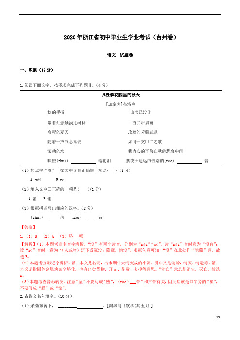 2020年浙江省台州市中考语文试题(含解析)