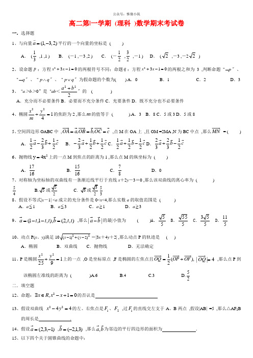 高二第一学期(理科)数学期末