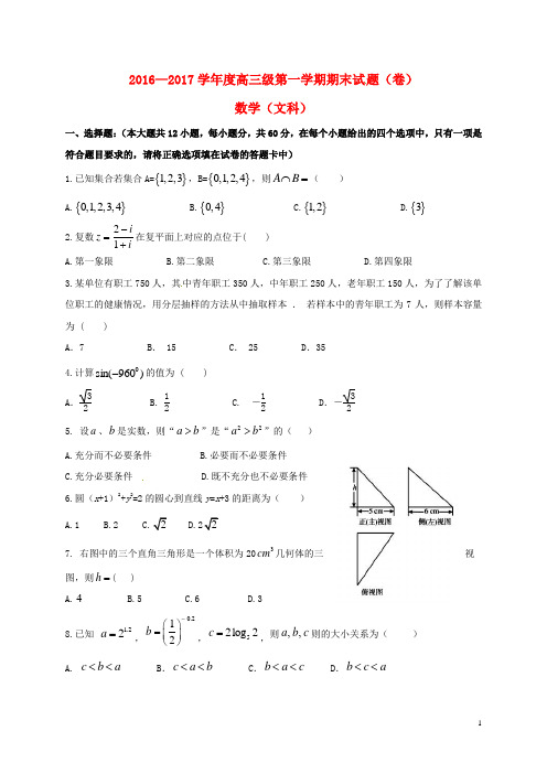 甘肃省定西市通渭县届高三数学上学期期末考试试题文【含答案】