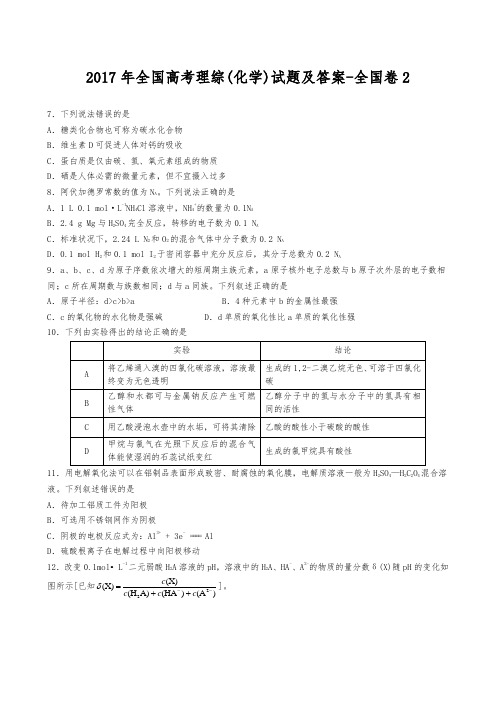 2017年全国高考理综(化学)试题与答案_全国卷2