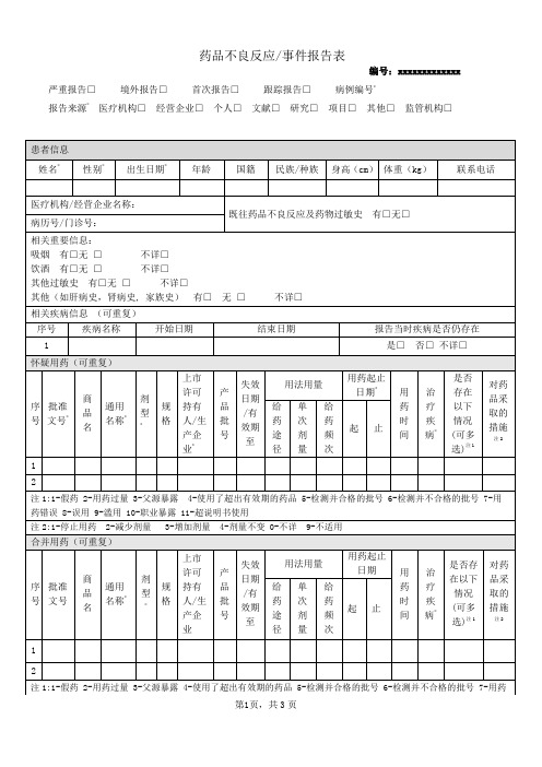 药品不良反应、事件报告表