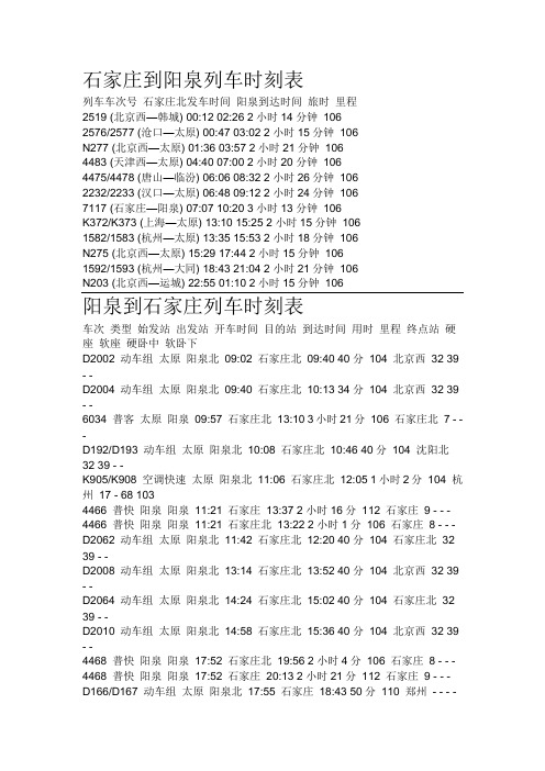 石家庄到阳泉列车时刻表