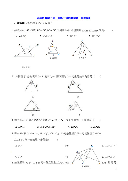 八年级数学上册--全等三角形测试题(含答案)