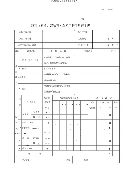 石渣路面单元工程质量评定表