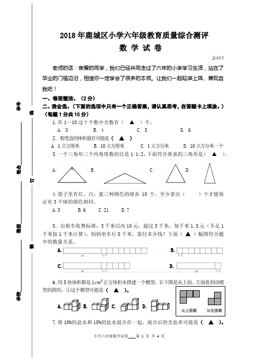 2018学年六年级数学教育质量综合测评