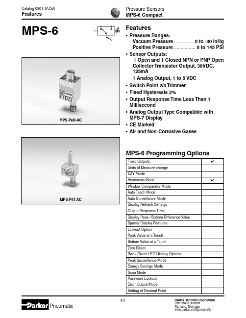 Parker Hannifin公司-MPS-6压力传感器说明书