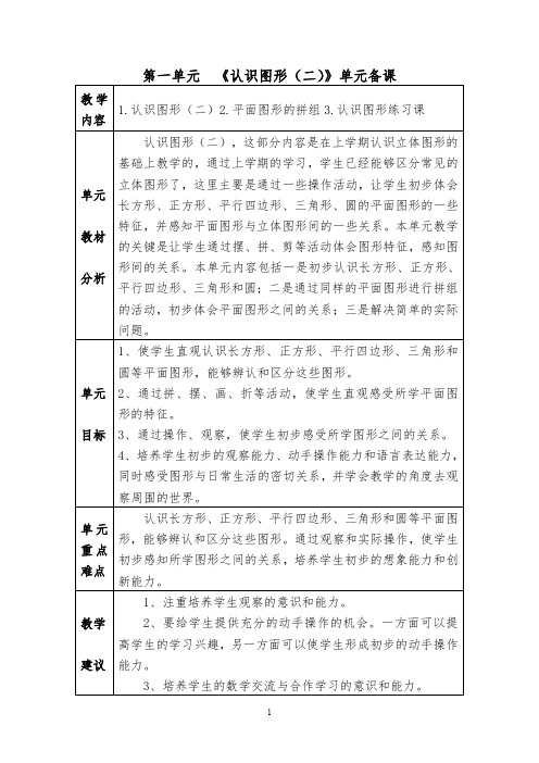 人教版小学数学一年级下册第一单元《认识图形(二)》全单元备课