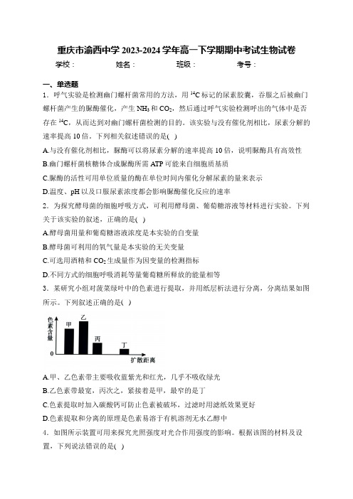 重庆市渝西中学2023-2024学年高一下学期期中考试生物试卷(含答案)