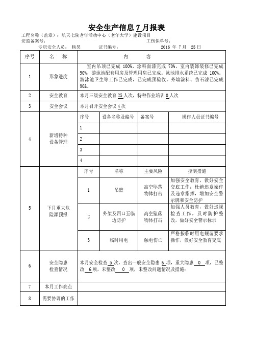 安全生产信息7月报表