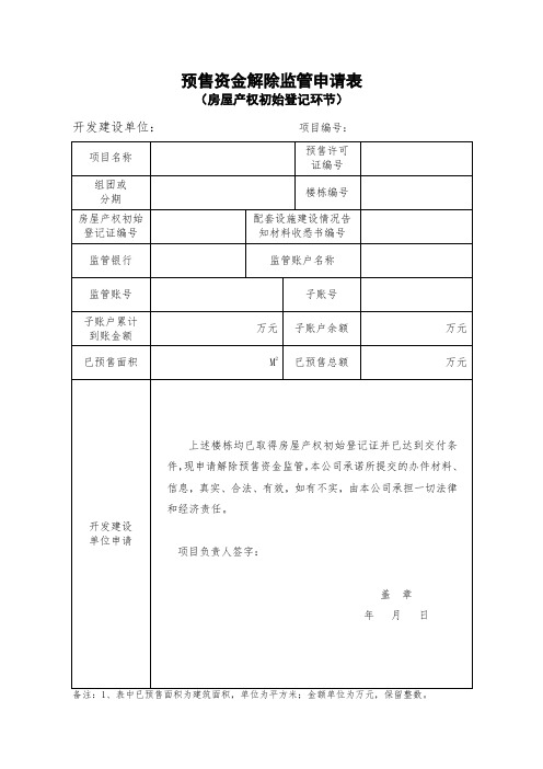 预售资金解除监管申请表