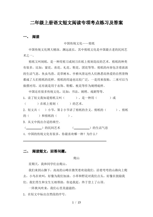 二年级上册语文短文阅读专项考点练习及答案