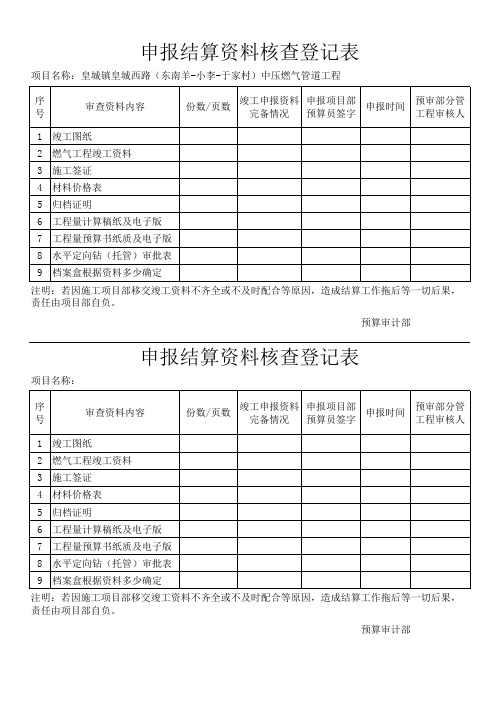 申报结算资料核查登记表