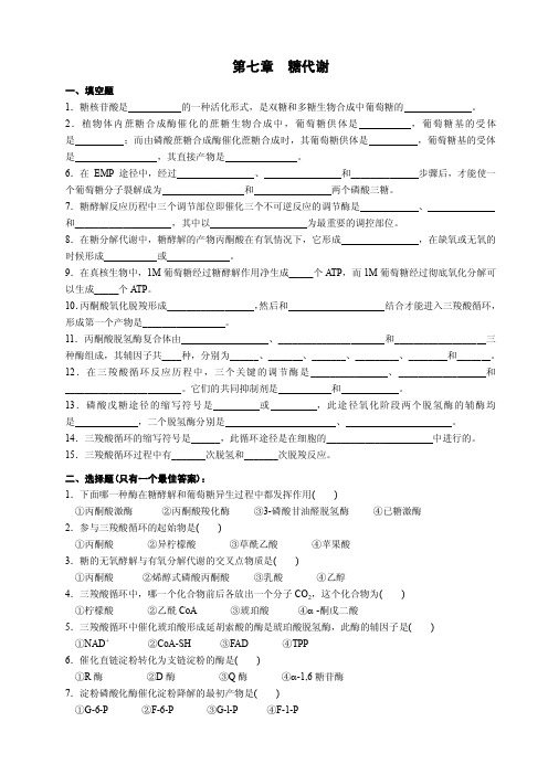 第七章 糖代谢(石河子大学生物化学试题库)