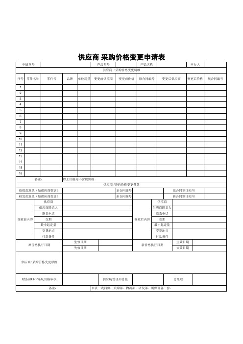 供应商 采购价格变更申请表模板