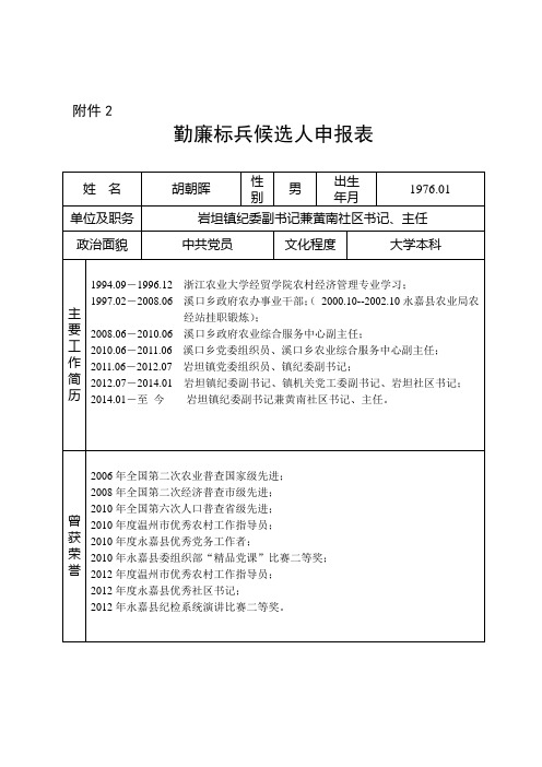 勤廉标兵候选人申报表