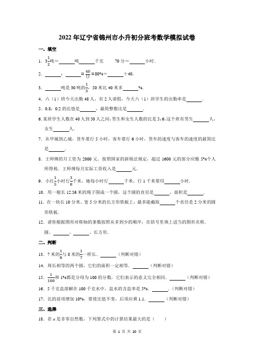 2022年辽宁省锦州市小升初分班考数学模拟试卷及答案解析