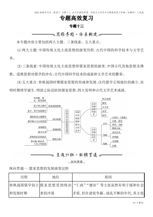 2022版高考历史一轮复习 专题十三 古代中国的思想、科技与文学艺术专题高效复习学案(含解析)人民版