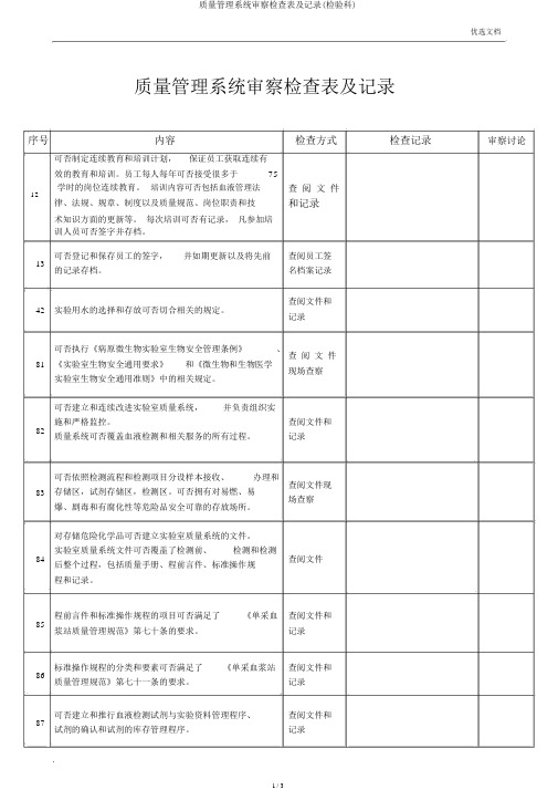 质量管理体系审核检查表及记录(检验科)