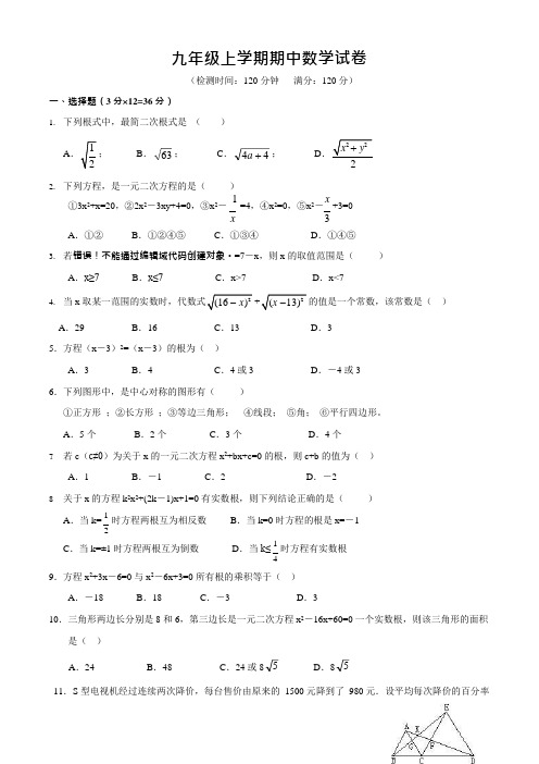 初中九年级数学上册期中试卷(含答案)