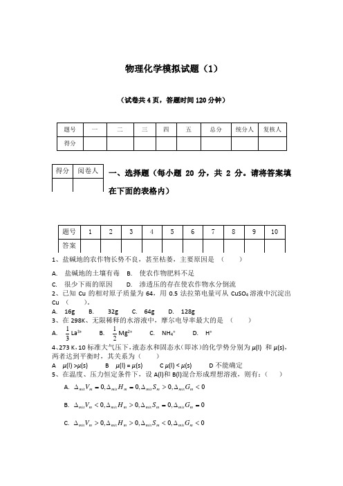 物理化学模拟试题及答案(10套)