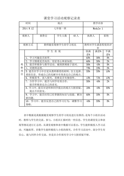 课堂学习活动观察记录表