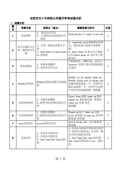 九年级开学考试卷分析