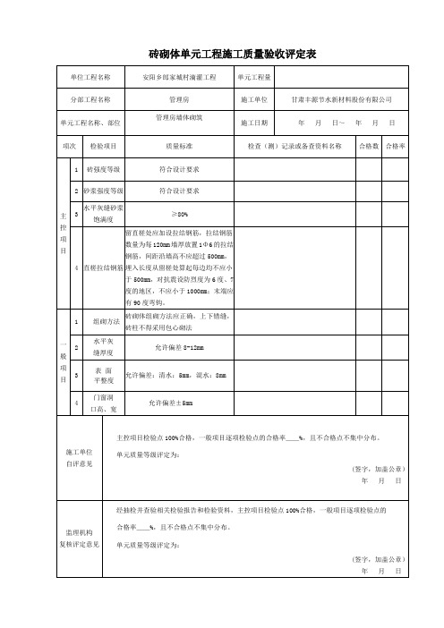 砖砌体单元工程施工质量验收评定表(2013年新版)