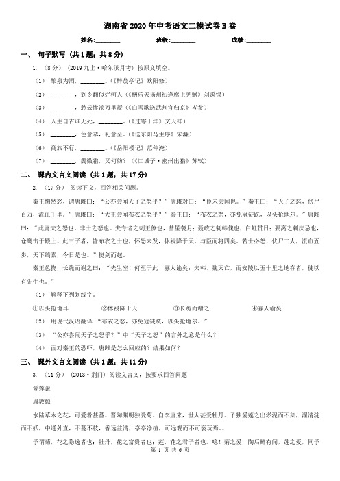 湖南省2020年中考语文二模试卷B卷(新版)